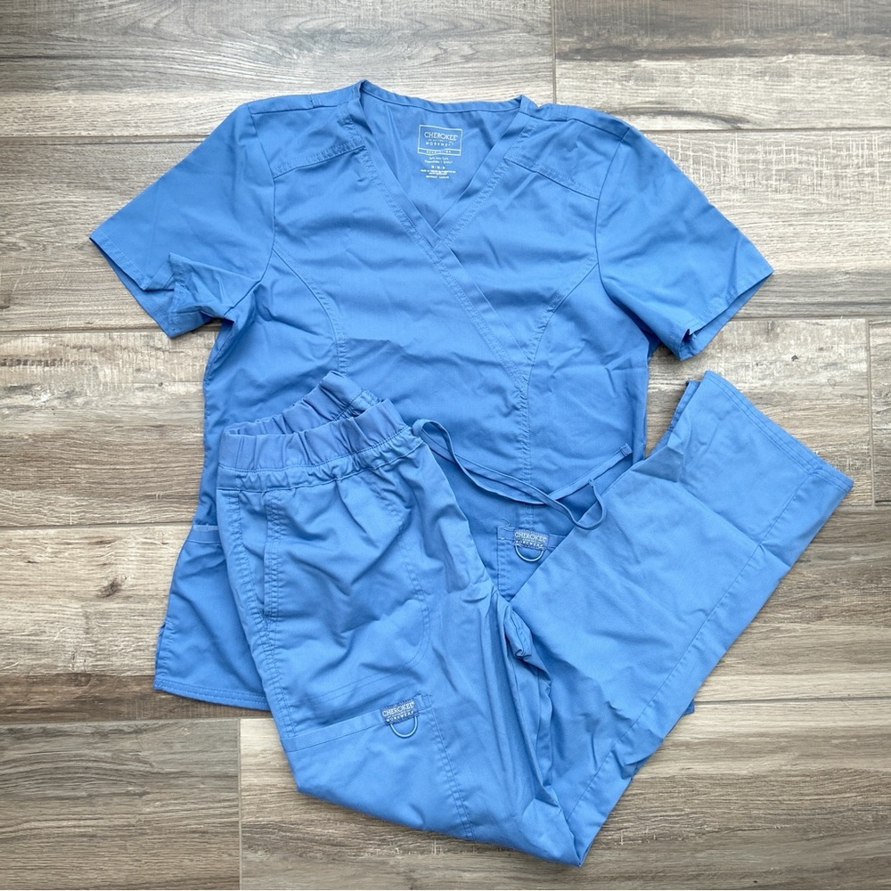 Cherokee Scrub Set Top and Pants Ceil Blue Medium Nurse CNA Uniform